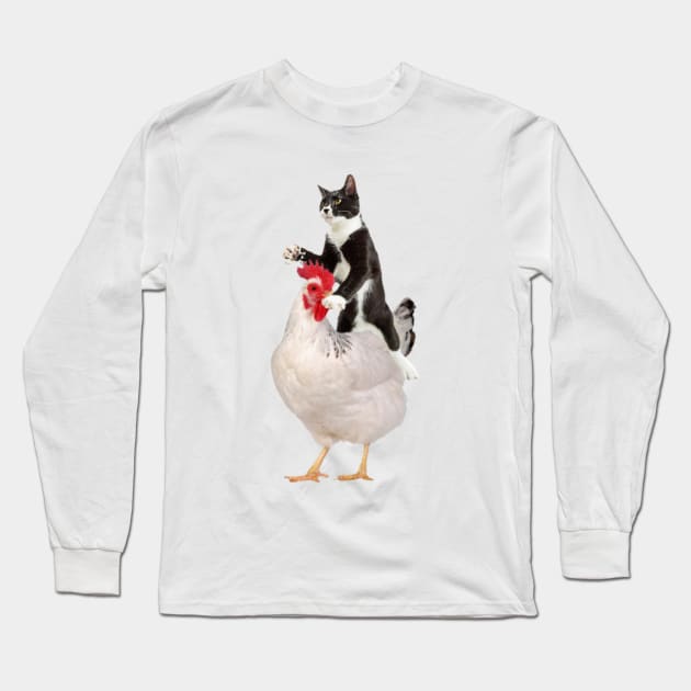 Tuxedo Cat on a Chicken Long Sleeve T-Shirt by horse face